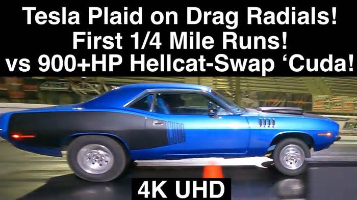 Tesla Model S Plaid on Drag Radials Seeks Rematch Against 900+HP Hellcat Plymouth 'Cuda