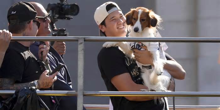 Please, no puparazzi! Decoy steals show from Shohei at Dodgers parade