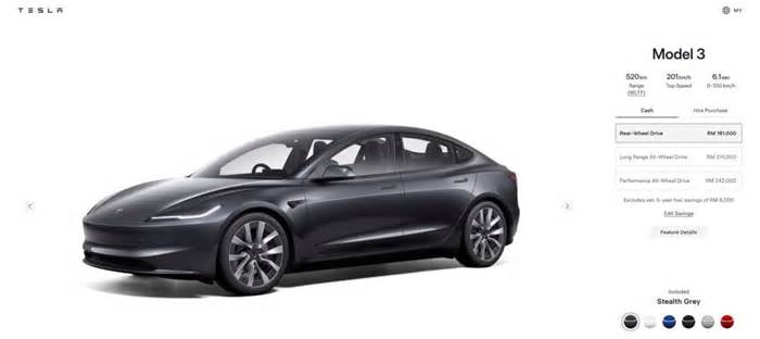 Tesla Model 3 Highland updated in Malaysia – RWD now with 520 km WLTP, Stealth Grey is standard colour