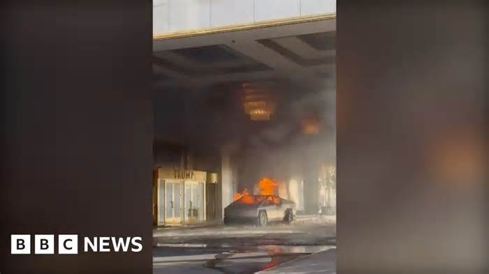 Tesla Cybertruck in flames after explosion outside Trump hotel