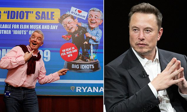 Elon Musk threatens to buy Ryanair and 'put a man called 'Ryan' in charge' amid feud with Michael O'Leary - after budget airline refused to install his Starlink system on its planes