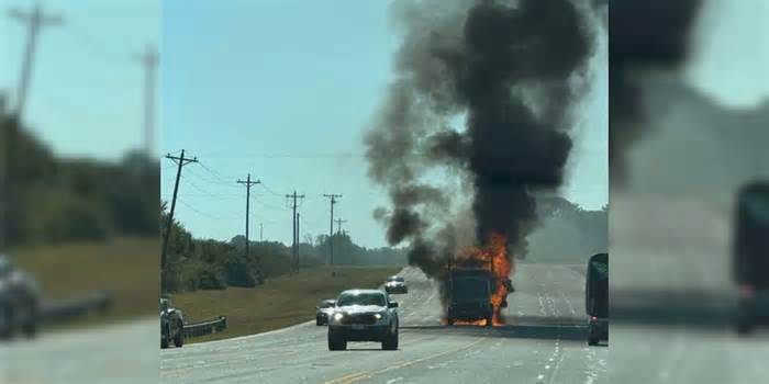 Traffic Alert: Dump truck fully engulfed in flames in middle of Upstate highway