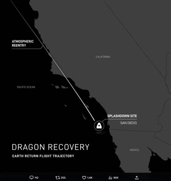 SpaceX spacecraft carrying crew to splash down with sonic boom off San Diego coast