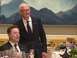 Animated Elon Musk makes a series of bizarre faces as he stays seated for photo with Apple CEO Tim Cook during Trump state visit banquet in China