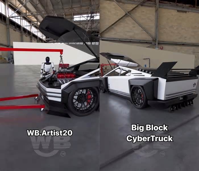 Tesla Optimus Bots Funnily Work on a Big-Block V8 Tesla Cybertruck in Fantasy Land