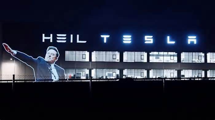 ‘Heil Tesla’: Elon Musk’s salute projected onto carmaker’s factory in Germany