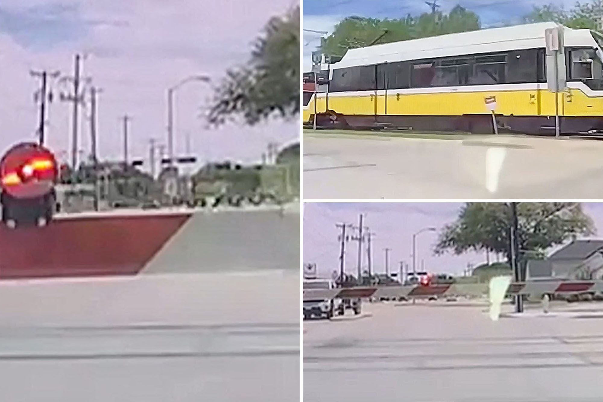 Terrifying moment self-driving Tesla crashes through barrier, missing train by seconds